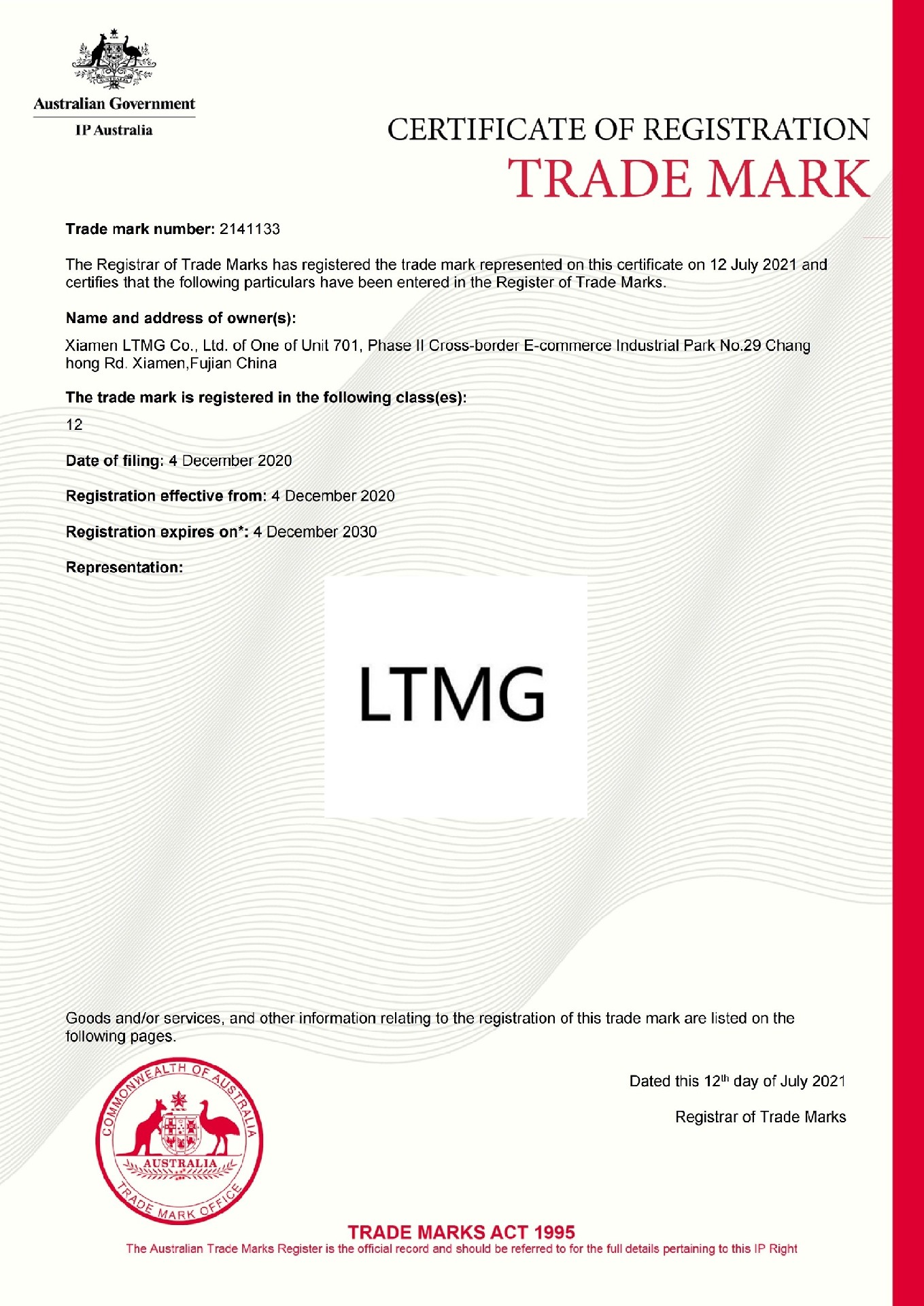 马德里证书澳大利亚商标LTMG 2